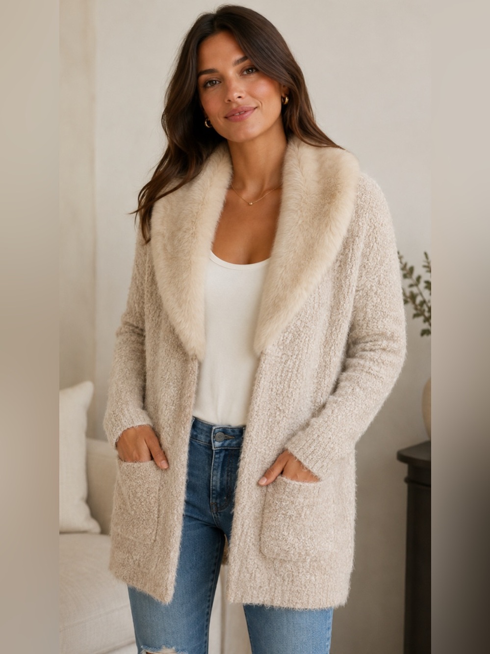 Knox Rose Long Cardigan w/ Removable Faux Fur Collar in Cream